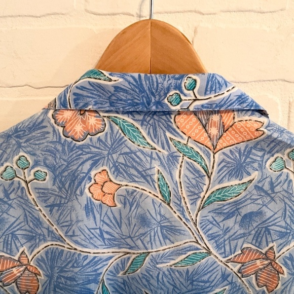 Vintage Button down shirt Floral print Aloha Blue Peach Aqua Sz 12 Petite - Picture 6 of 9
